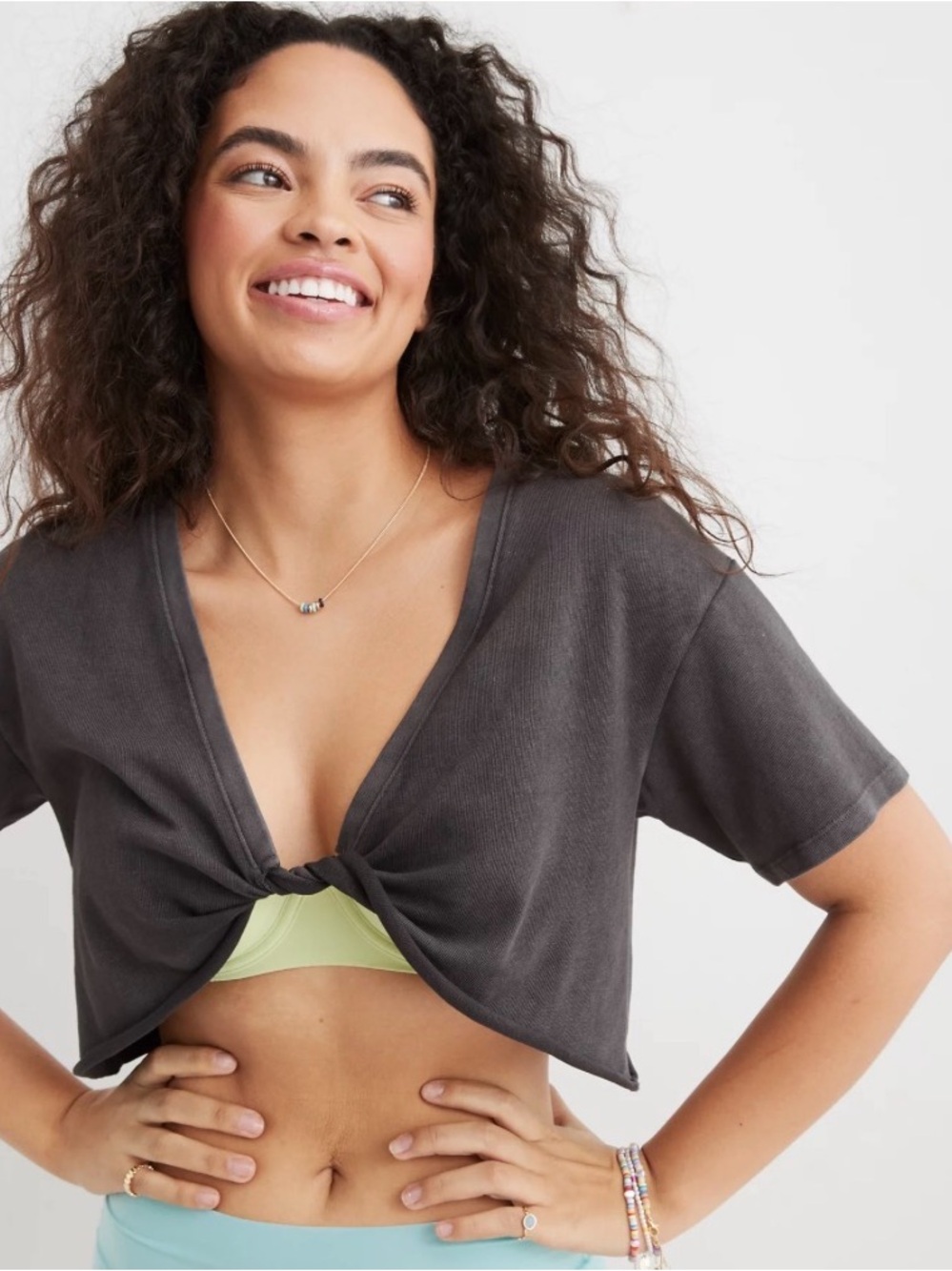aerie Flip Out T-Shirt Charcoal Tie-Front Crop Top